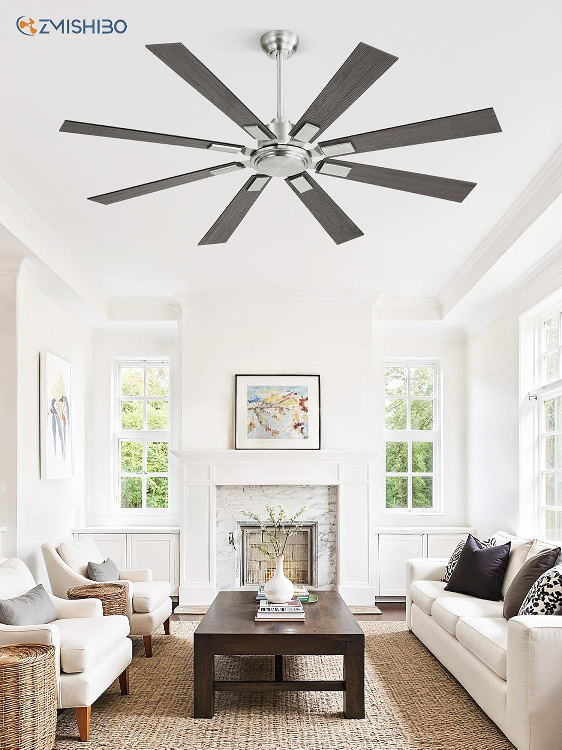 ZMISHIBO 62 Inch Ceiling Fans without Light, Brushed Nickel Modern Ceiling Fan no Lights, Quiet Reversible DC Motor, 6-Speeds, Outdoor Ceiling Fans for Patios, Living Room, Bedroom, Indoor/Outdoor Use