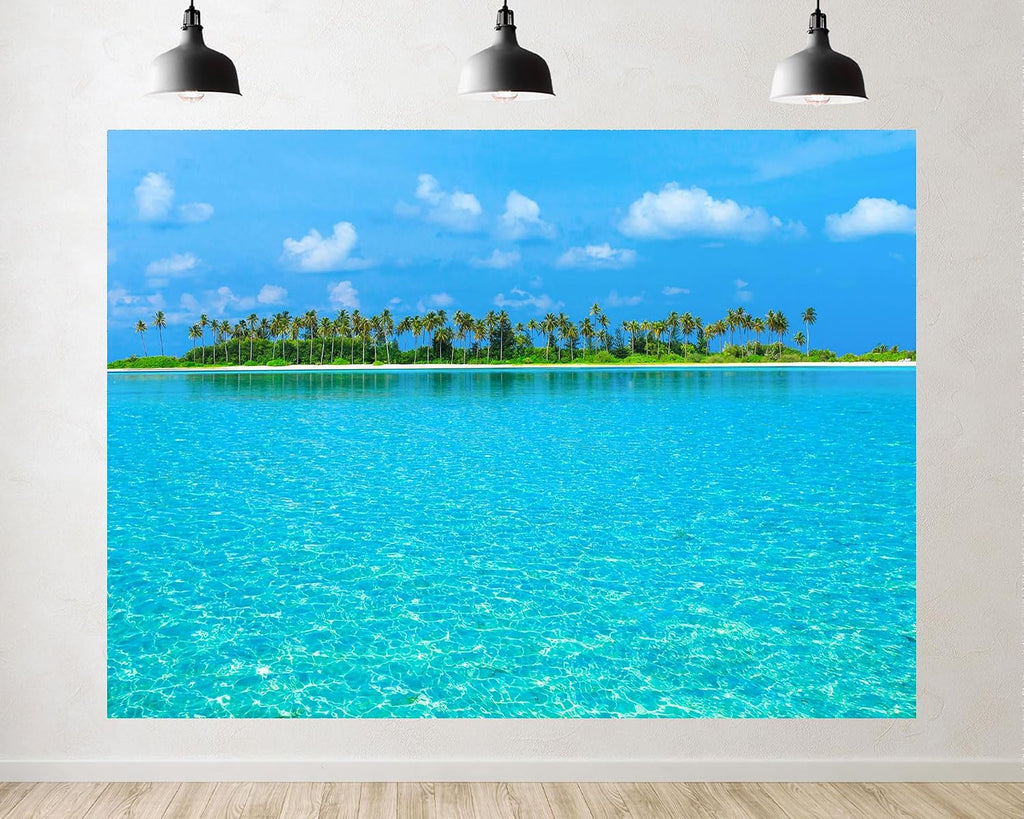 Trykid 20x10ft Crystal Clear Lagoon Backdrop Turquoise Water Palm Tree Line White Sand Shore Bright Sky Photography Background Tropical Tapestry Party Decoration Photo Studio Prop Fabric
