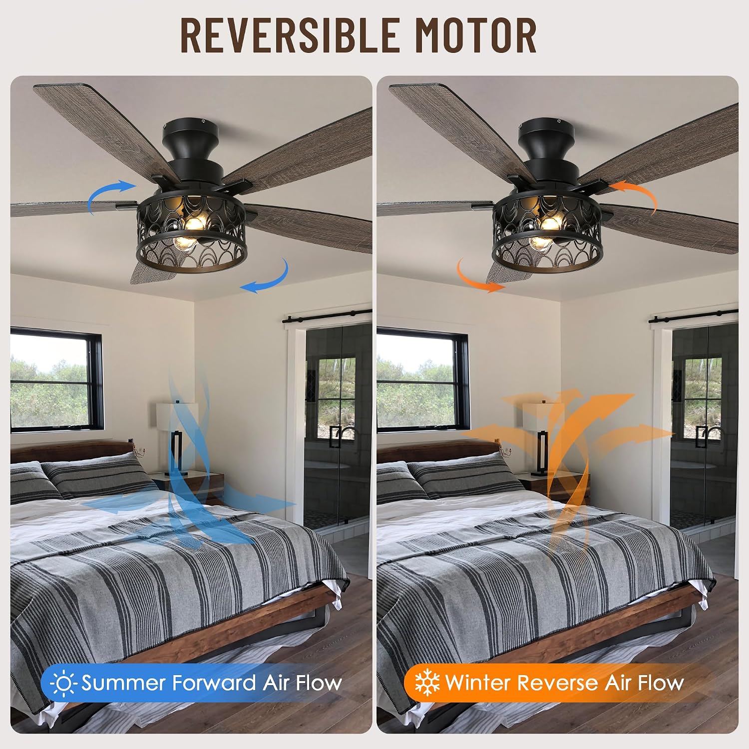 52'' Ceiling Fan with Lights, Flush Mount Farmhouse Ceiling Fan with Remote Control, 6 Speeds Reversible DC Motor, Low Profile Industrial Caged Ceiling Fan for Bedroom Living Room