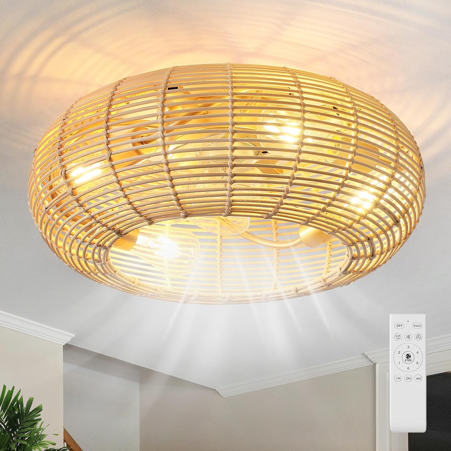 AIJIASI 20' Boho Ceiling Fan with Light and Remote, Rattan Caged Ceiling Fan with Light 6 Speeds Flush Mount Fandelier Ceiling Fan for Bedroom Living Room (4*E26 Base)