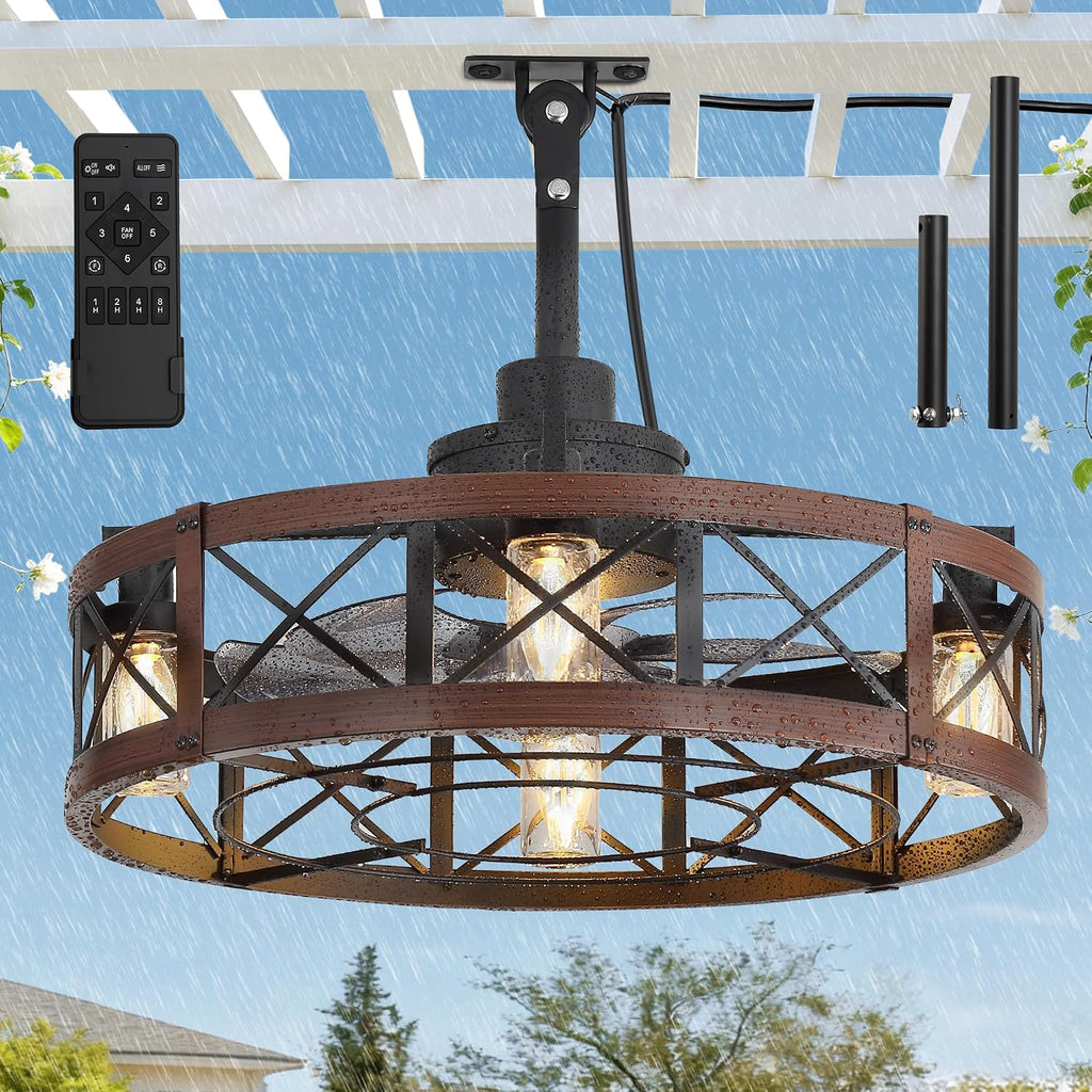 LEDIARY Outdoor Ceiling Fan with Lights for Patios- 22' Waterproof Plug in Gazebo Fan with Remote Control&Timer, 6-Speed Reversible Motor, Hanging Caged Ceiling Fan for Porch, Pergola, Walnut