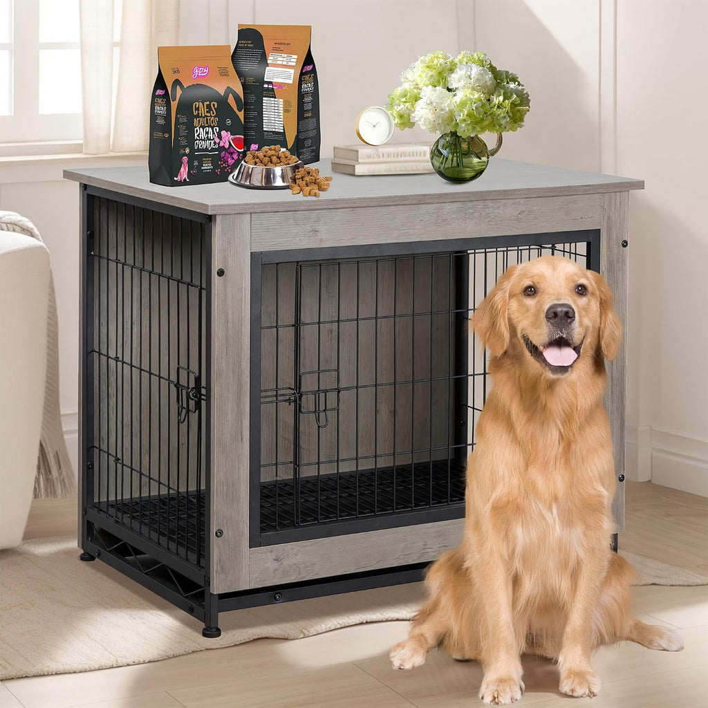 Shintenchi Wooden Dog Crate Furniture for Large Breed, L Double-Door Kennel Indoor with Removable Tray, End Table L Dog Crate for Decoration, 44.1' L, Gray