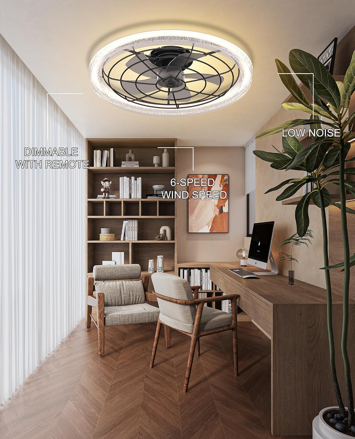 Smart Ceiling Fan with Light, Flush Mount Low Profile, Remote & App Control, 6 Speeds 30dB Quiet DC Motor, 3570 Lumens Dimmable LED, 3000K-6500K Color Options 24' Black