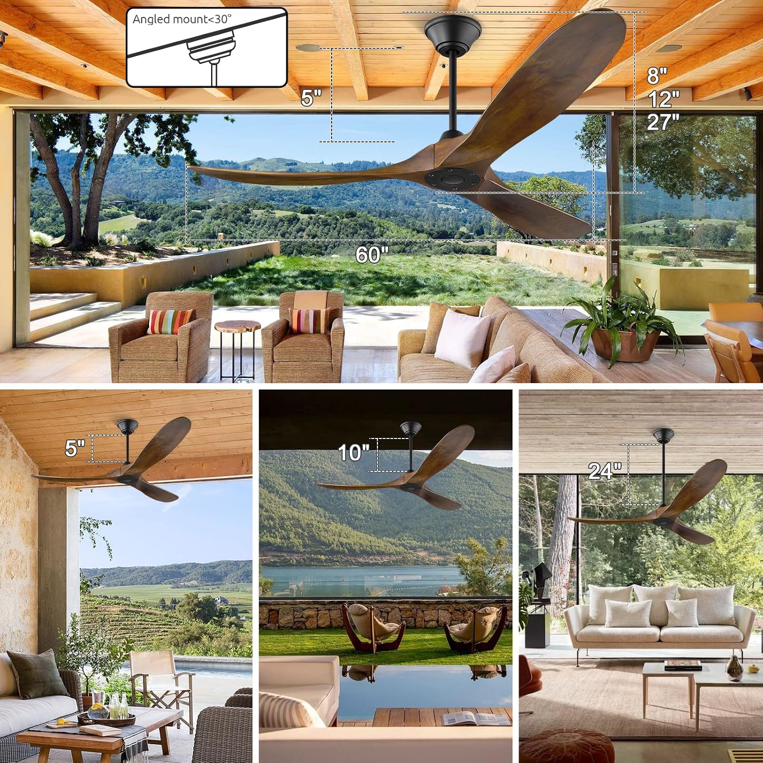 60 inch Ceiling Fan No Light, Outdoor Ceiling Fans for Patios, Wood Ceiling Fan with Remote Control, 3 Blade Propeller Fan, 6 Speed Noiseless Reversible Dc Motor, Indoor Outdoor Fan