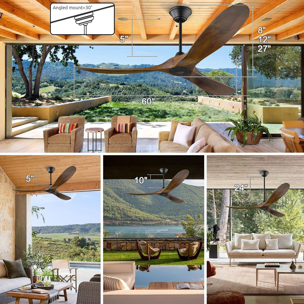 70 Inch Rustic Outdoor Ceiling Fans, Ceiling Fan without Light with Remote Solid Wood Ceiling Fan, Farmhouse Large Outdoor Fan for Patios Indoor High Low Sloped Ceiling, Brown DC Cieling Fan