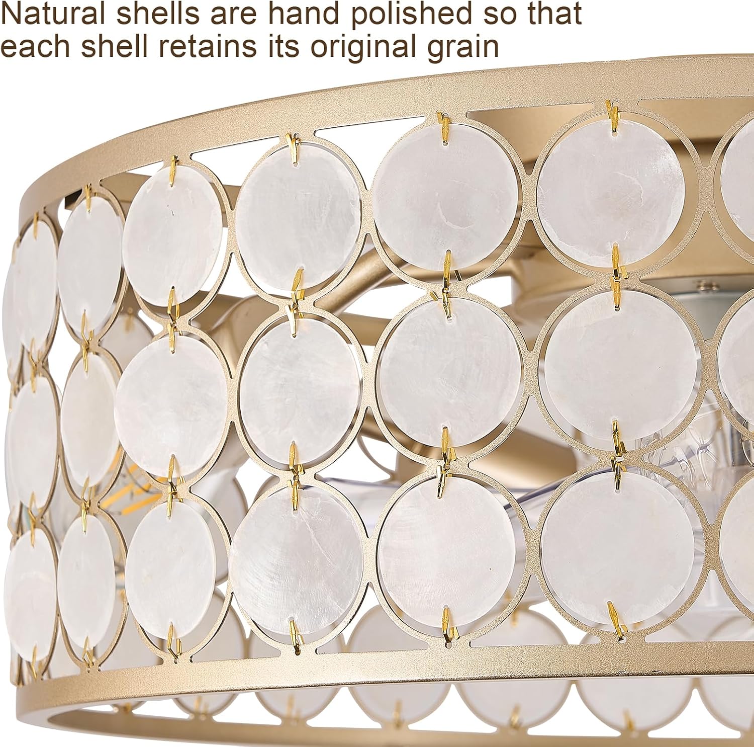 20'Boho Ceiling Fans with Lights and Remote Capiz Fandelier Ceiling Fan with Light Coastal Enclosed Caged Ceiling Fan for Bedroom，Nursery,Foyer,Kitchen(6 Speeds Gold Shade and White Shells )