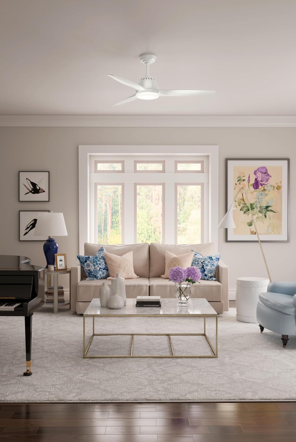 Casablanca 52 inch Indoor Ceiling Fan with LED Light and Remote Control - Standard Mount White Ceiling Fan, 3 Blades, For Bedroom, Living Room, or Kitchen, Quiet - Wisp 59284, Fresh White