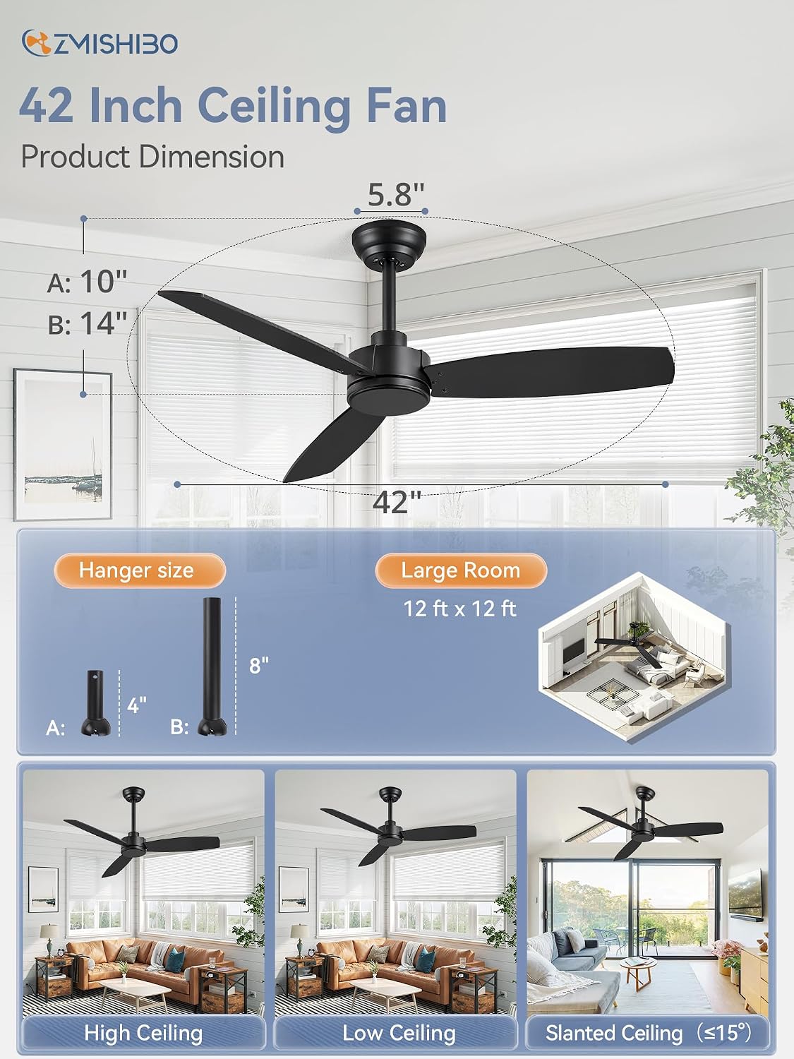 ZMISHIBO 2 Pack 42 Inch Outdoor Ceiling Fans with Remote, Black Ceiling Fan No light with Quiet Reversible DC Motor, 6 Speeds, 3 Blade Modern Ceiling Fans for Patio Living Room Bedroom Indoor