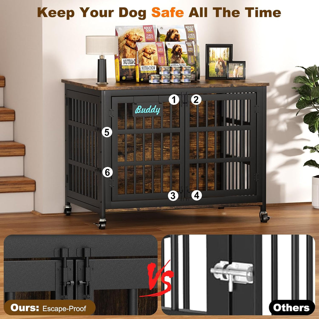 EasyCom 42'/41'/33' Dog Crate Furniture with Name Tag, XL Heavy Duty Dog Kennel Indoor for Large and Medium Dogs, Double-Doors Sturdy Dog Cage for Anxiety Dog, Decorate House as TV Stand
