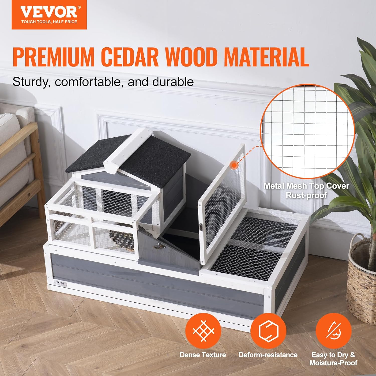 VEVOR 3-Room Tortoise House,Tortoise Habitat with Balcony & 2 Stories, Wooden Tortoise Enclosure Indoor & Outdoor with Ramp, Tray, Openable Roof, Large Reptile Cage, 44' x 25.6'x 24'