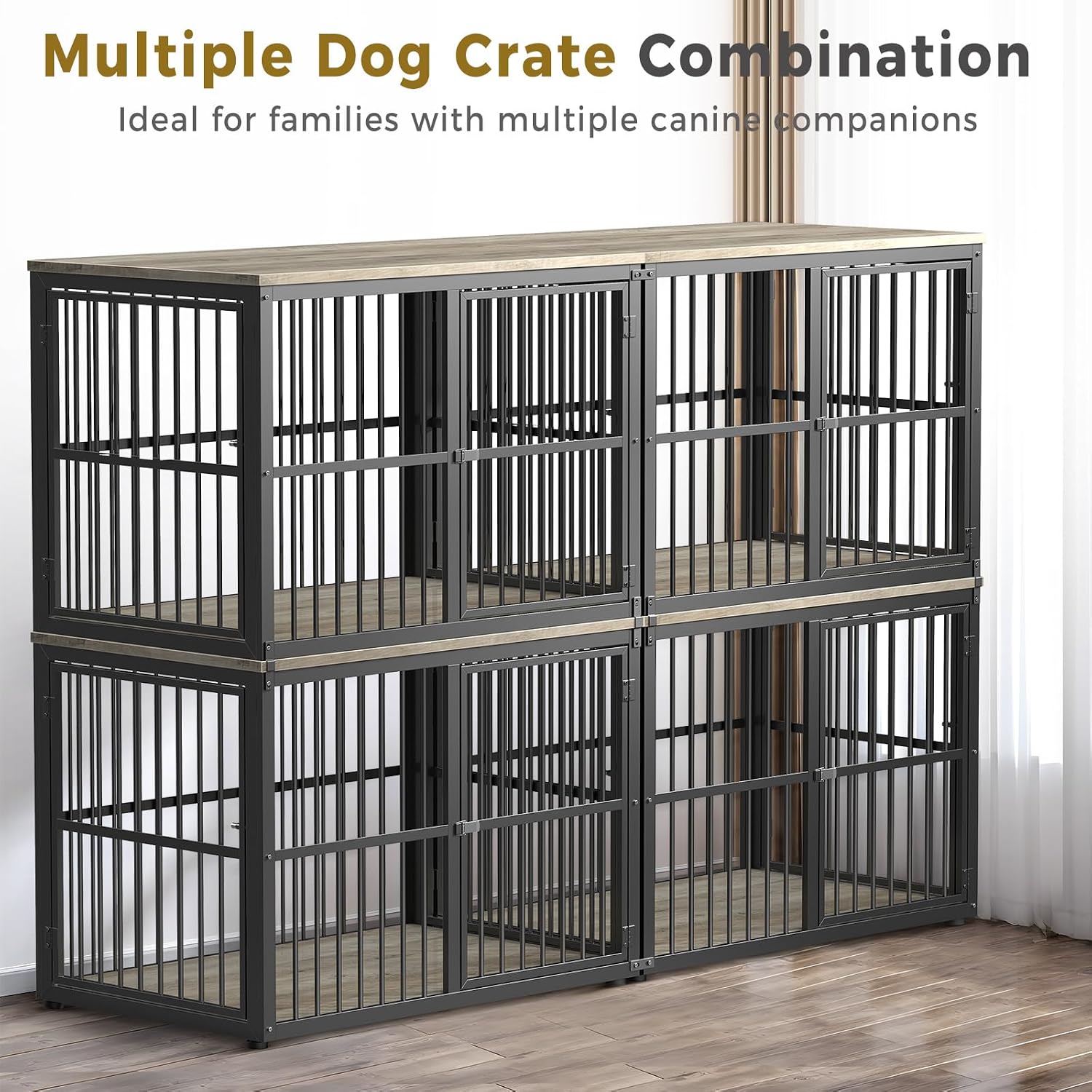 Lyromix 43'' Stackable Dog Crate Furniture Large Breed with Double Rooms,Wooden Dog Crate Heavy Duty Dog Kennel Indoor with Removable Divider for Small to Medium Dogs, Can Use Separately