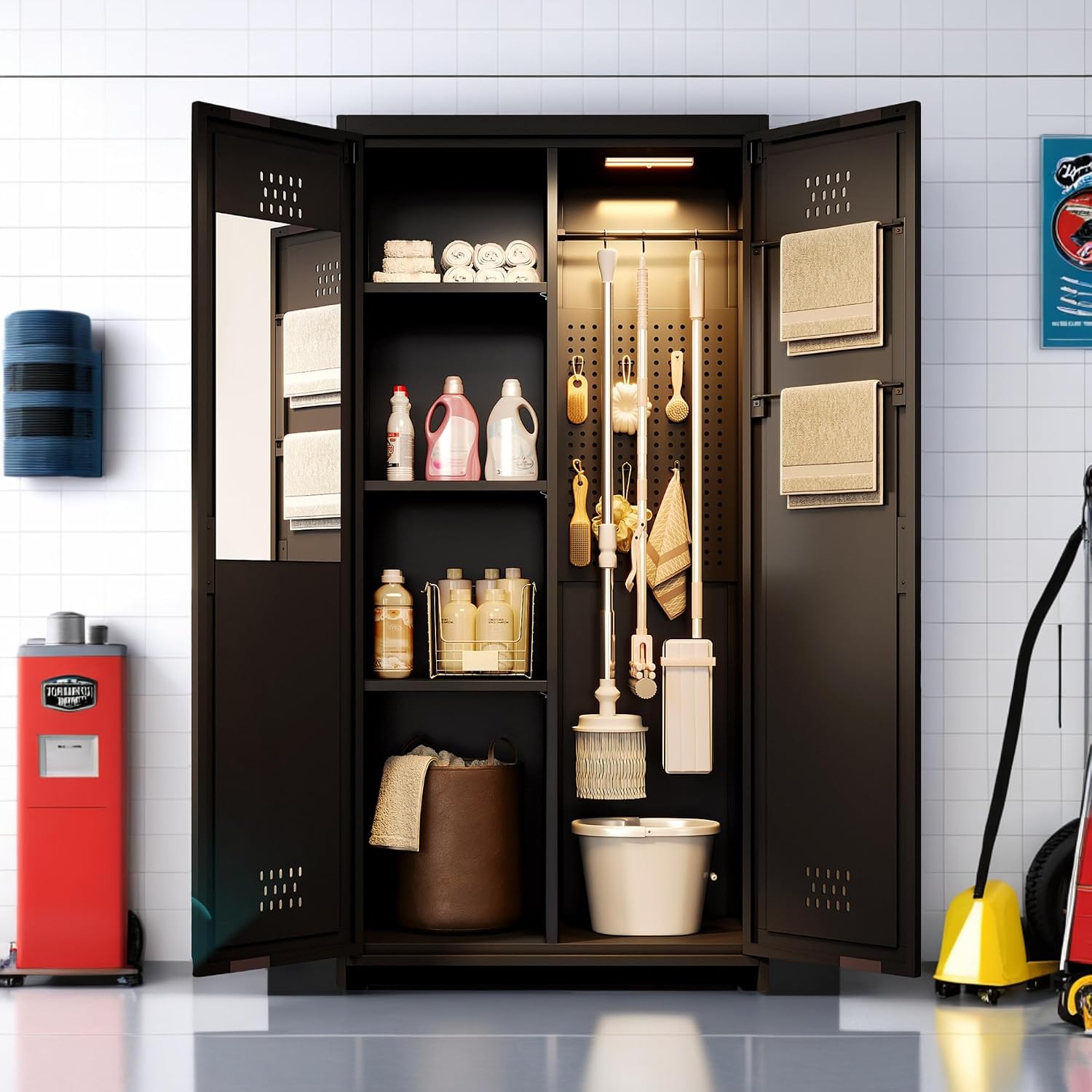 YITAHOME 71' Metal Garage Broom Cabinets with Adjustable Shelves, Vacuum Storage Cabinet with Doors and Drawer, Tool Storage Cabinet for Gym, Basement, Warehouse, Black