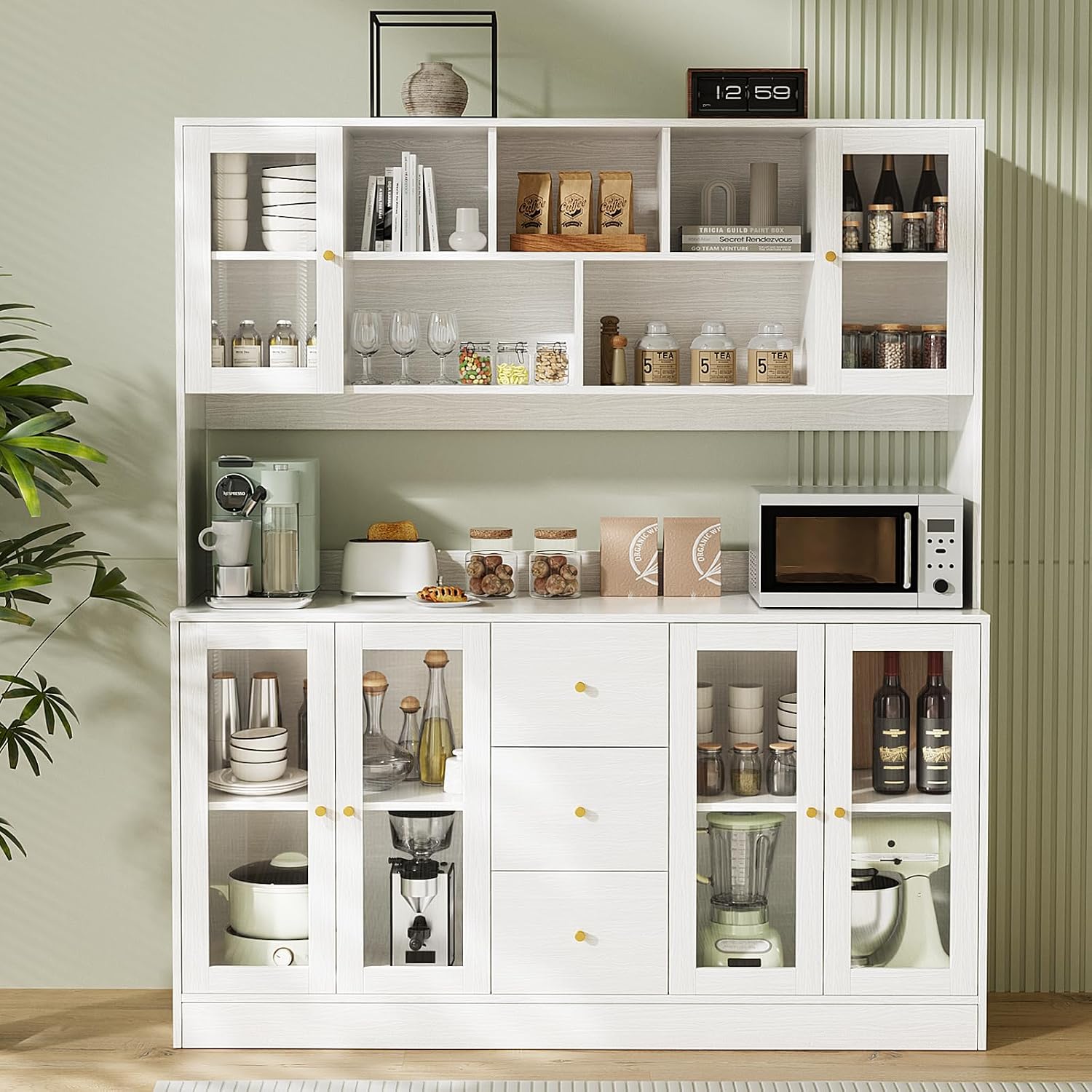 VOWNER Large Kitchen Hutch Cabinet, Kitchen Pantry Storage Cabinet with 6 Glass Doors, 3 Drawers & Microwave Shelf, Freestanding Cupboard for Open Storage (White)