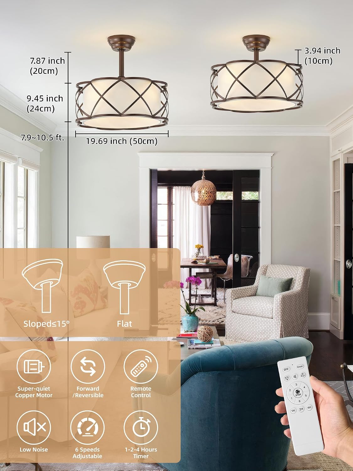 Brown Fandelier Ceiling Fans with Lights, 20' Farmhouse Rustic Chandelier Ceiling Fan Remote Control with 6 Speeds for Bedroom, Nursery, Living Room