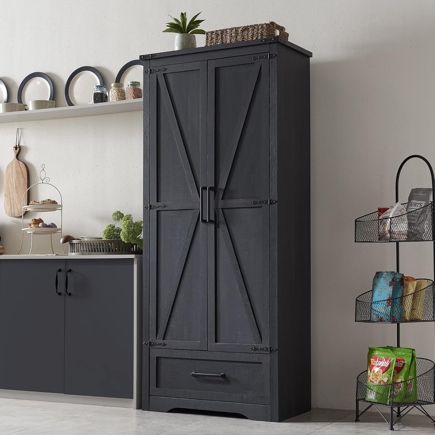 Farmhouse Kitchen Pantry Cabinet - 72' Tall Wood Kitchen Storage Cabinets with Adjustable Shelves & 2 Barn Doors & Drawer, Versatile Storage for Dining Room, Bathroom, Utility Room, Antique Black | Large