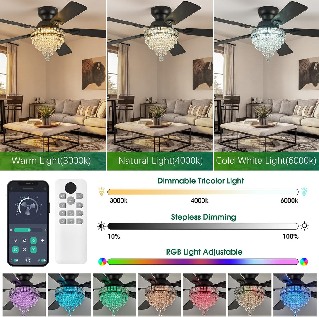 52' Crystal Ceiling Fans with RGB Lights, Remote/App Control, Modern Fandelier Flush Mount, Reversible DC Motor, Dimmable, Noiseless Ceiling Fan for Bedroom, Living Room (Black)