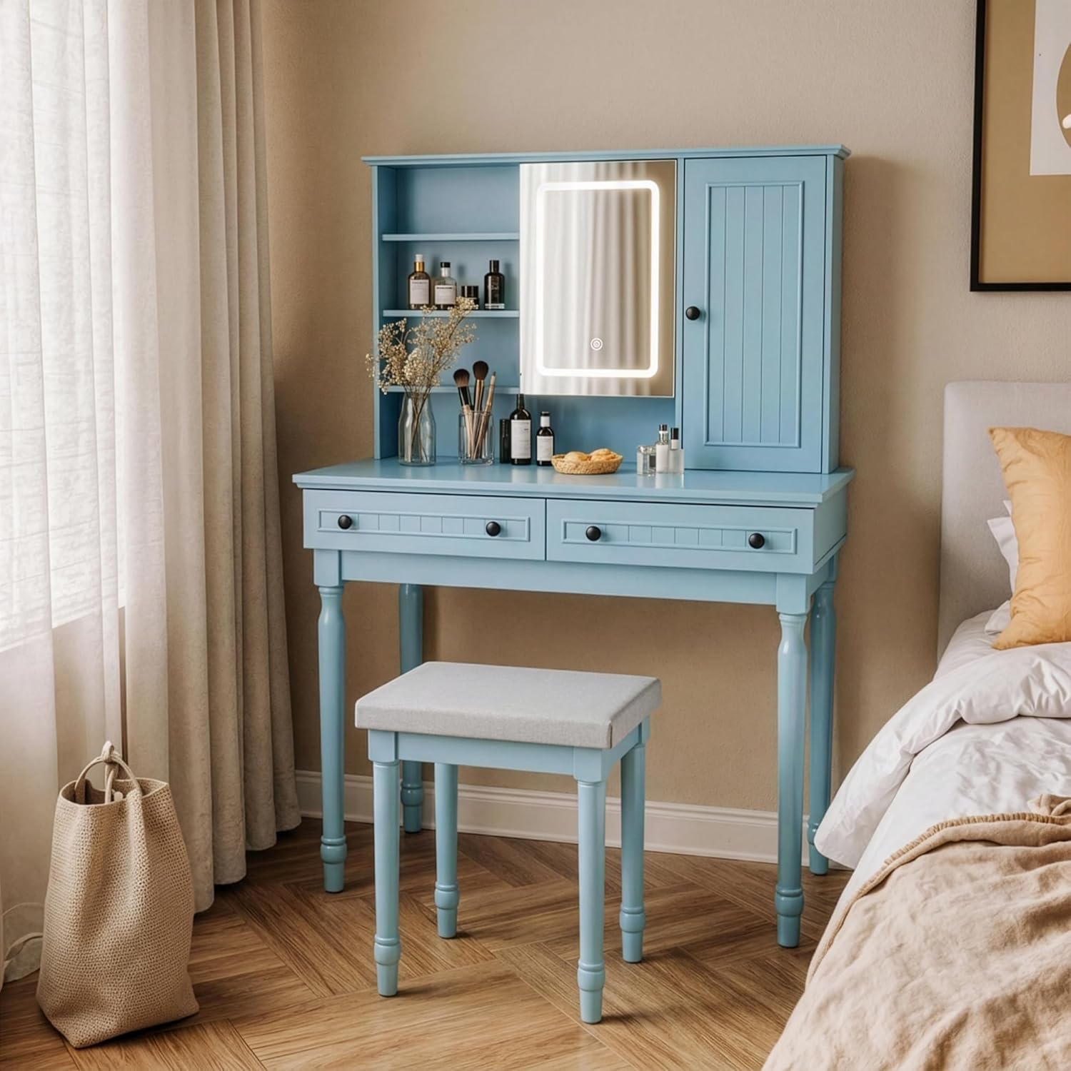 Scurrty Vintage Vanity Table Set with Stool, Color-Changing LED Mirror & Storage Organizer, Classic Wooden Dressing Makeup Desk for Bedroom (Blue)