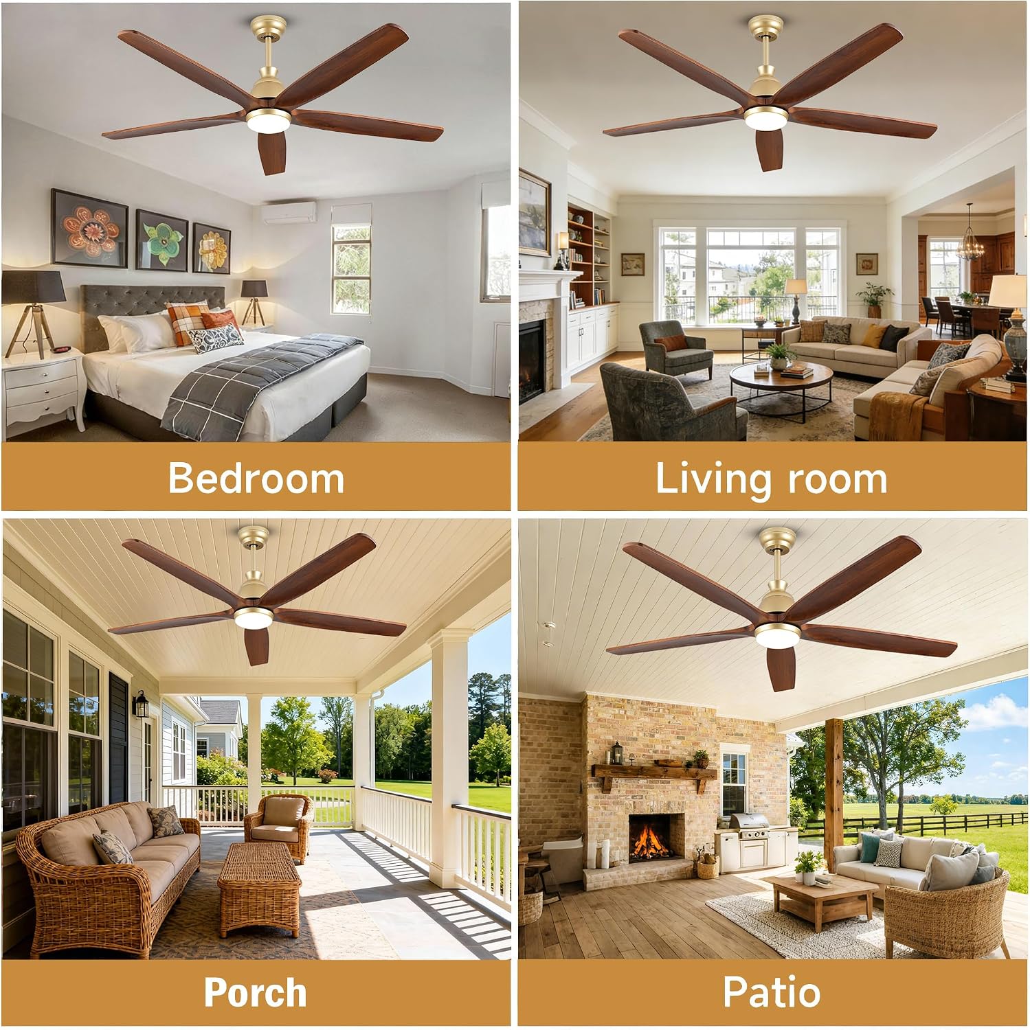 52 Inch Wood Gold Ceiling Fan with Light Remote, 5 Walnut Blades, Indoor Outdoor High CFM Propeller Damp Rated, Quiet Reversible DC Motor, for Modern Farmhouse Outside Patios Porch, 3 Downrods