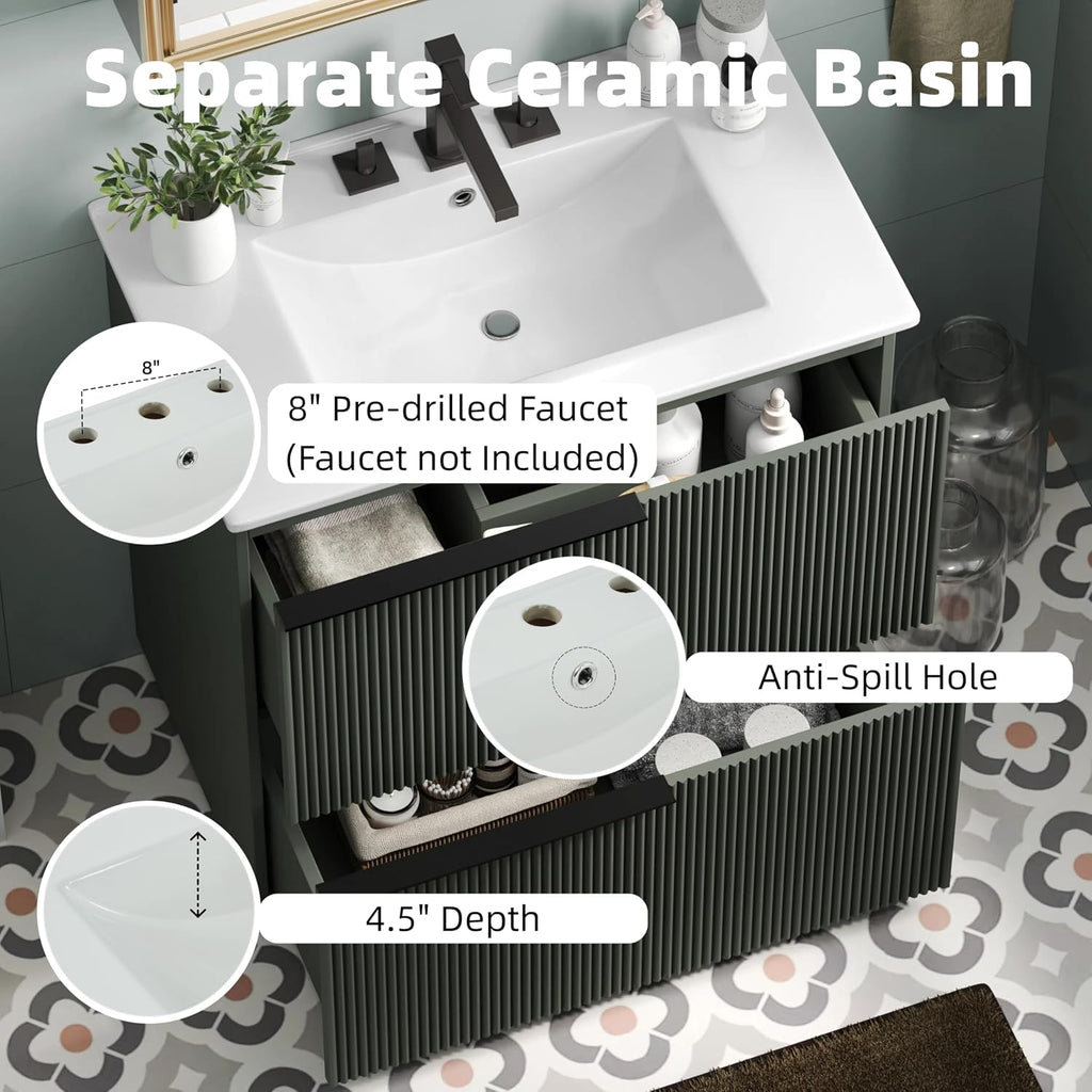 30' Bathroom Vanity Cabinet, Ceramic Sink Top, Fluted Front, 2 Full-Extension Drawers, Perfect for Master Suite, Cozy Guest Bath, or Compact Powder Room