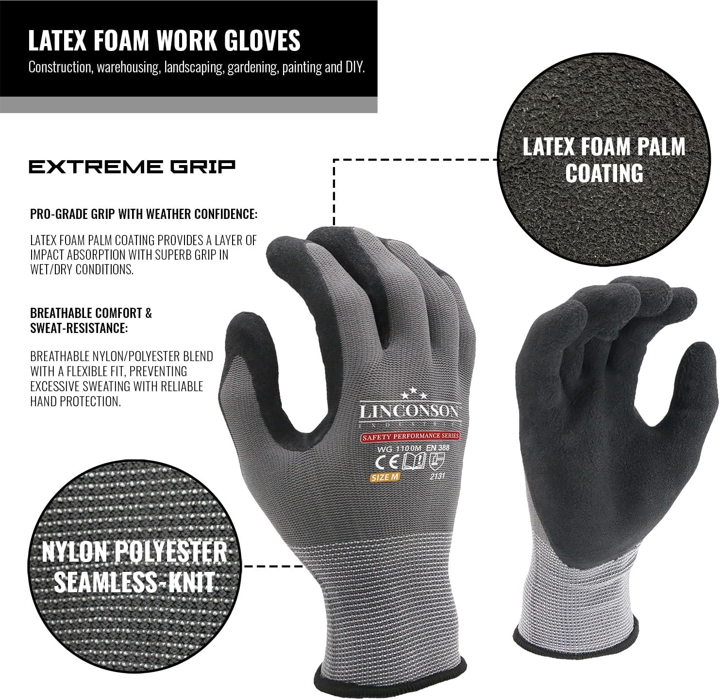 linconson 12 Pack Safety Performance Series Construction Mechanics Work Gloves