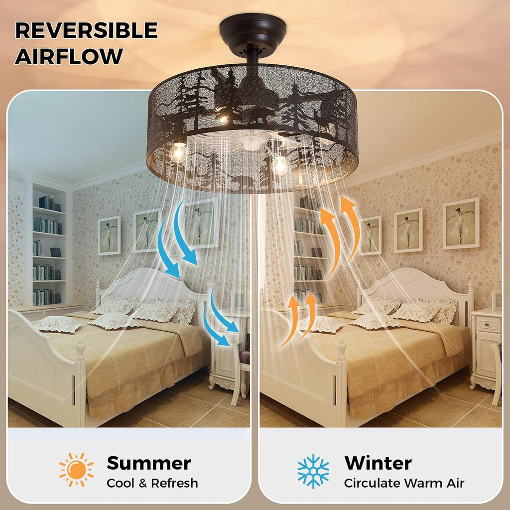 18 Inch Rustic Ceiling Fan with Light and Remote, Black Round Farmhouse Caged Ceiling Fan, Quiet Reversible Motor, Vintage Metal Bear and Deer Design Ceiling Fans for Bedroom Living Room
