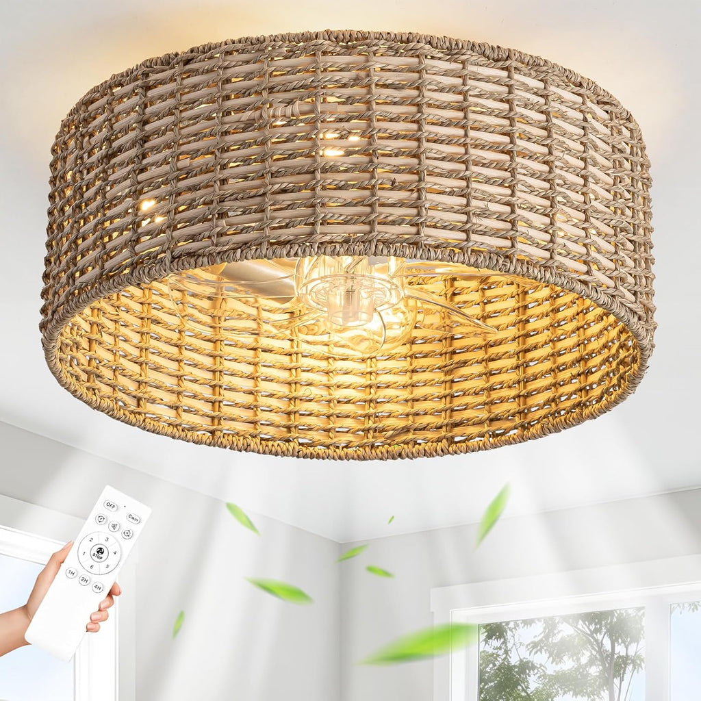 Handwoven Boho Rattan Ceiling Fan with Light,Flush Mount Caged Ceiling Fans with Lights and Remote Control,Low Profile Enclosed 6 Speeds Fandelier for Bedroom Living Dining Room,4-Light