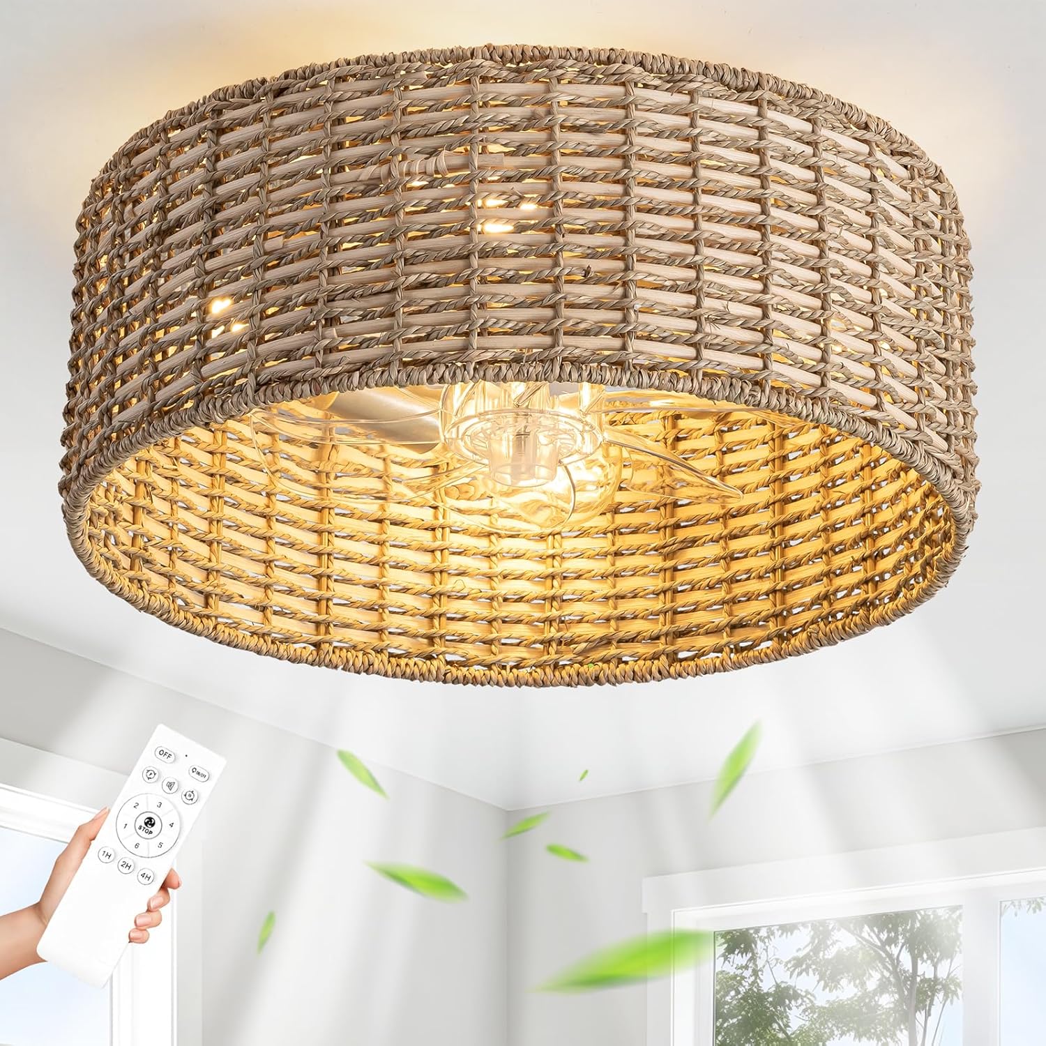 Handwoven Boho Rattan Ceiling Fan with Light,Flush Mount Caged Ceiling Fans with Lights and Remote Control,Low Profile Enclosed 6 Speeds Fandelier for Bedroom Living Dining Room,4-Light