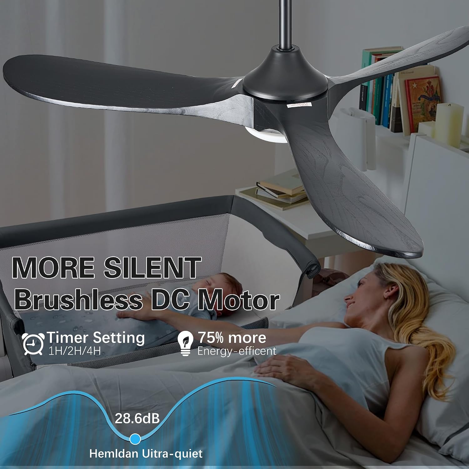 Wood Ceiling Fans with Lights and Remote, 60' Black Modern Ceiling Fan with 3 Wooden Blades, Timer and Memory Function, Outdoor Ceiling Fan with Light for Patios, Indoor, Living Room