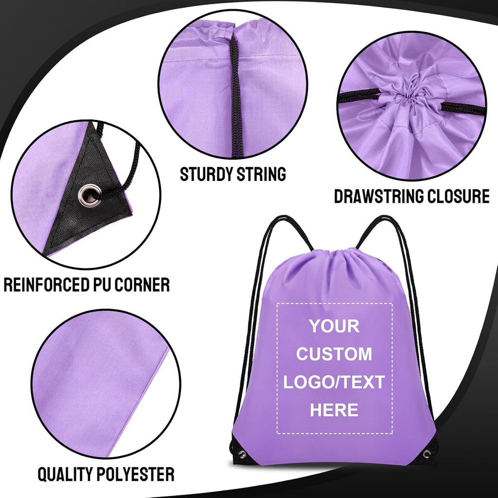 Grneric Custom Drawstring Bags Bulk 10/20/50/100/200 Pack, Promotional Items With Your Logo Personalized String Backpack for Gym, Sport, Travel, Light Purple