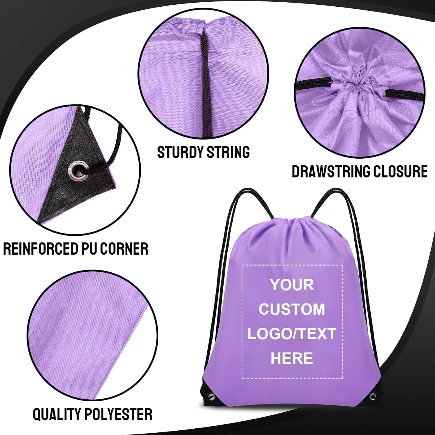 Grneric Custom Drawstring Bags Bulk 10/20/50/100/200 Pack, Promotional Items With Your Logo Personalized String Backpack for Gym, Sport, Travel, Light Purple