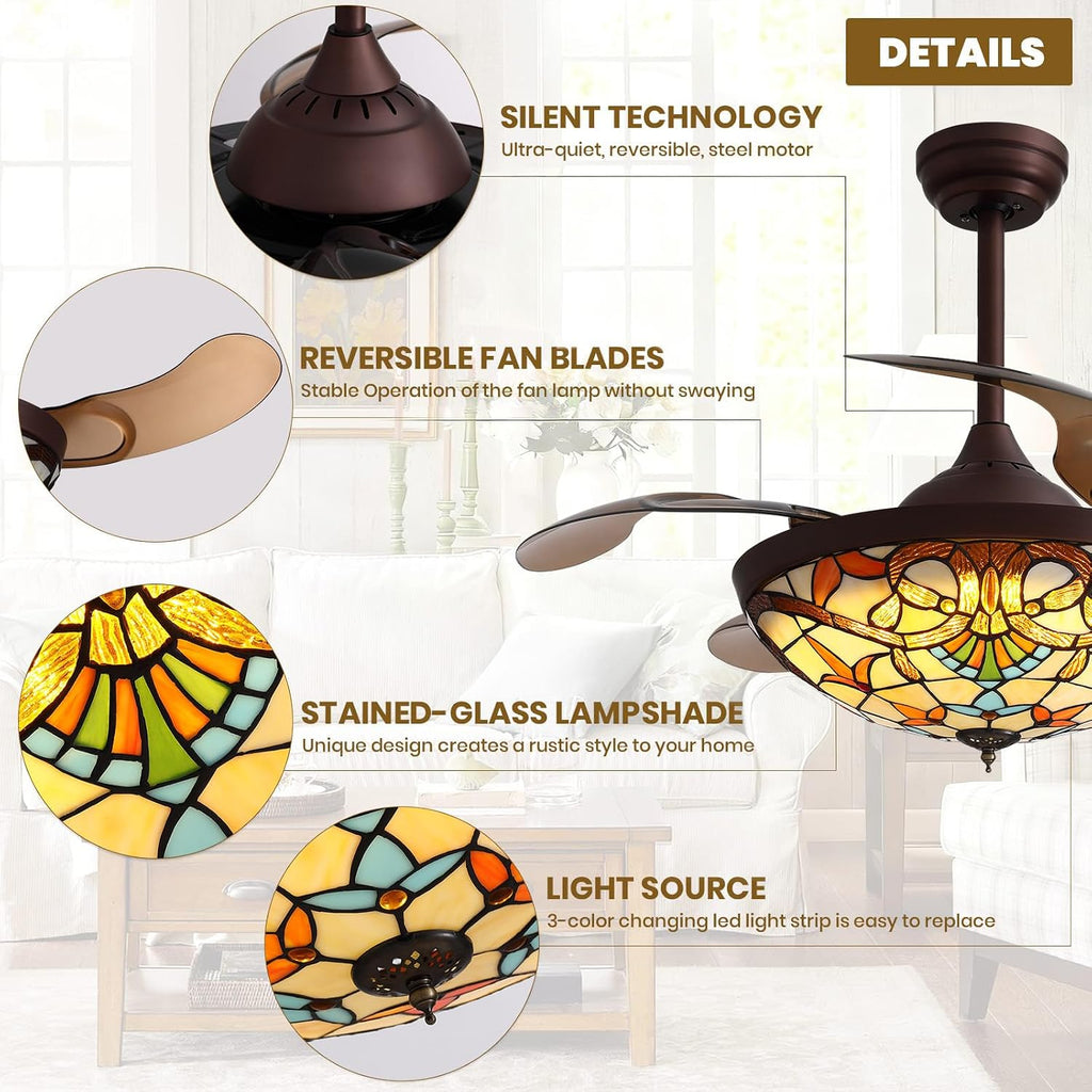 Siljoy 42' Tiffany Ceiling Fan with Lights, Stained Glass Ceiling Fan Vintage Ceiling Fan with Remote Control Dimmable Fandelier with 4 Retractable Reverse Blades for Bedroom, Living and Dining Room