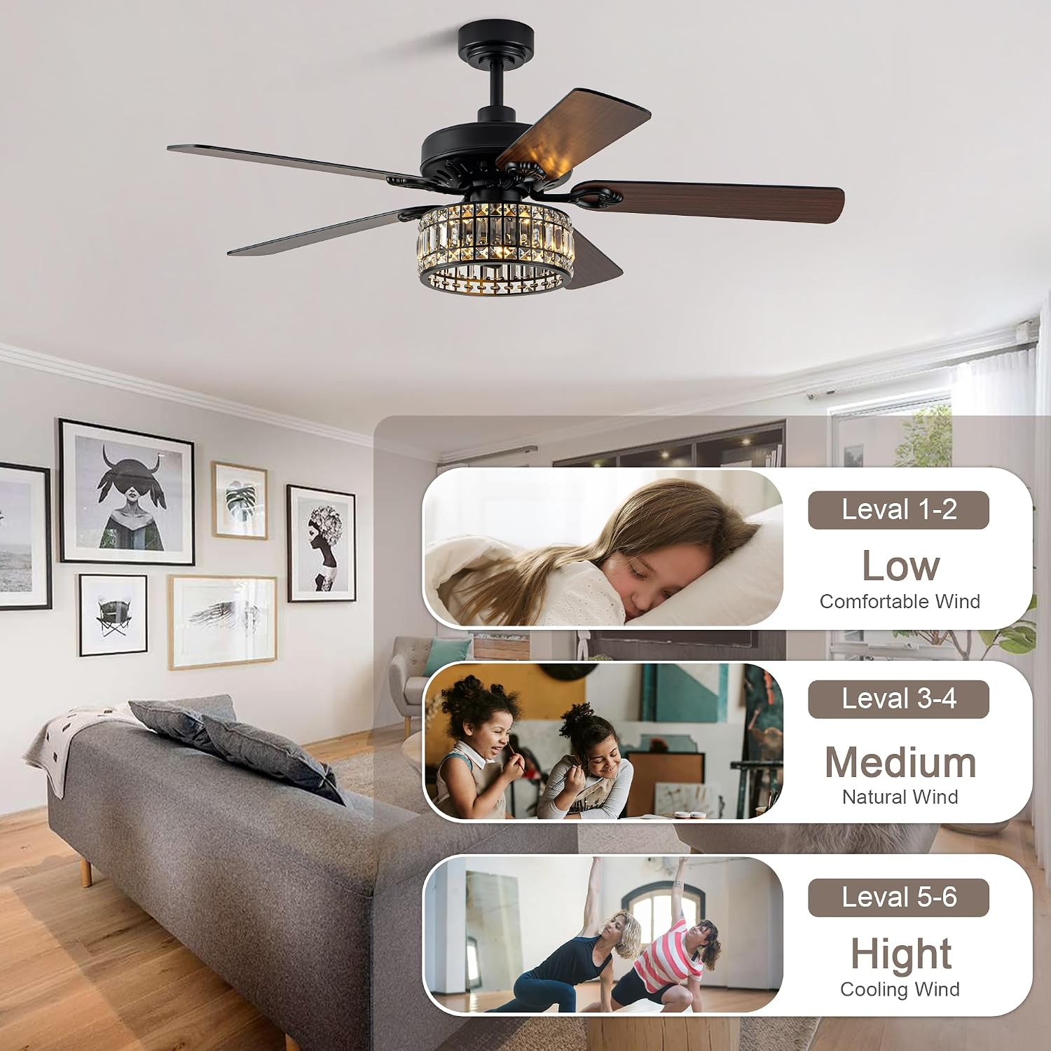 52' Black Crystal Ceiling Fan with Light, Modern Chandelier Fan with Remote, Farmhouse Vintage Fandelier Fan with Quiet DC Motor, 6 Speeds for Dining Living Room Bedroom (No Bulbs Included)