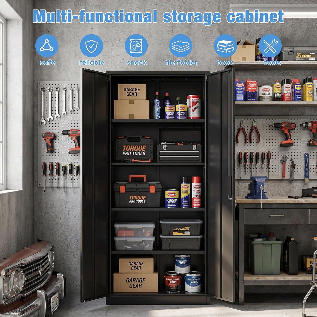 SUXXAN Metal Storage Cabinet with Doors and Shelves, 71' H Locking Steel Garage Cabinet for Home Office Studio Pantry,Tall Tool File Cabinet Black, Assembly Require
