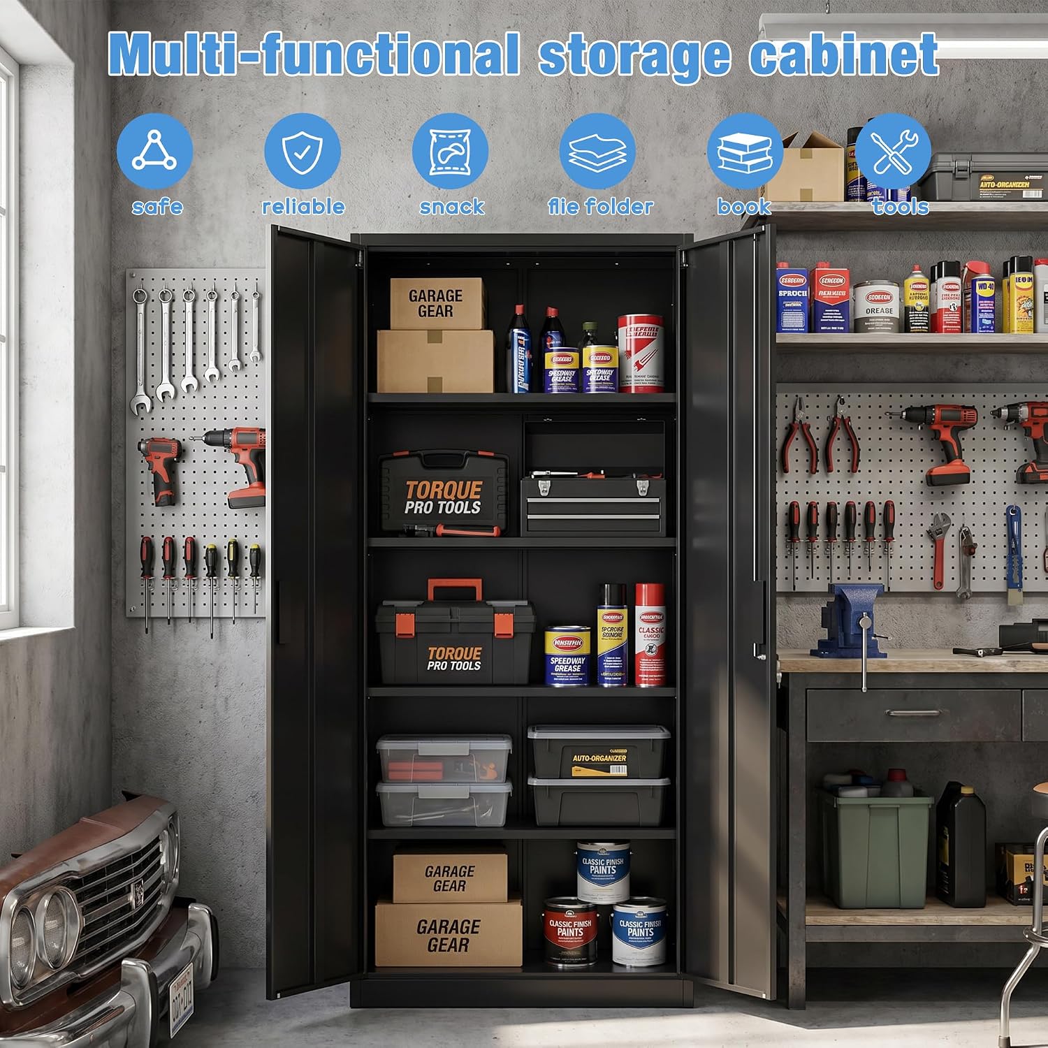 SUXXAN Metal Storage Cabinet with Doors and Shelves, 71' H Locking Steel Garage Cabinet for Home Office Studio Pantry,Tall Tool File Cabinet Black, Assembly Require
