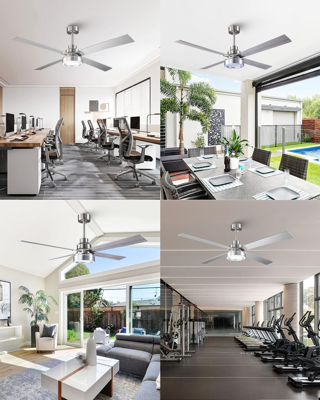 60 Inch Large Brushed Nickel Ceiling Fans with Lights and Remote/APP - Modern Sleek Indoor Outdoor Ceiling Fan for House, Living Room, Shop, Garage Silver Ceiling Fan, 3CCT Dimmable, 6 Speeds