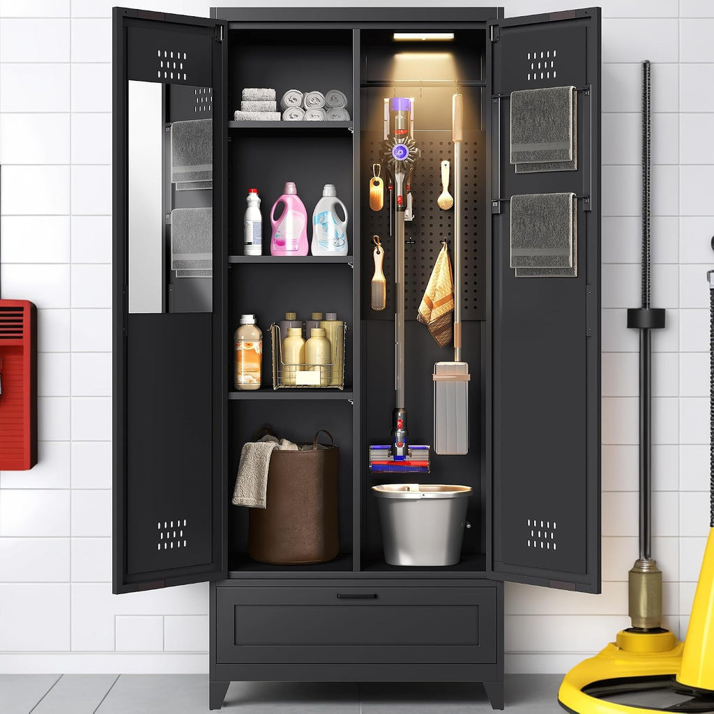 YITAHOME 71' Metal Garage Broom Cabinets with Adjustable Shelves, Vacuum Storage Cabinet with Doors and Drawer, Tool Storage Cabinet for Gym, Basement, Warehouse, Black