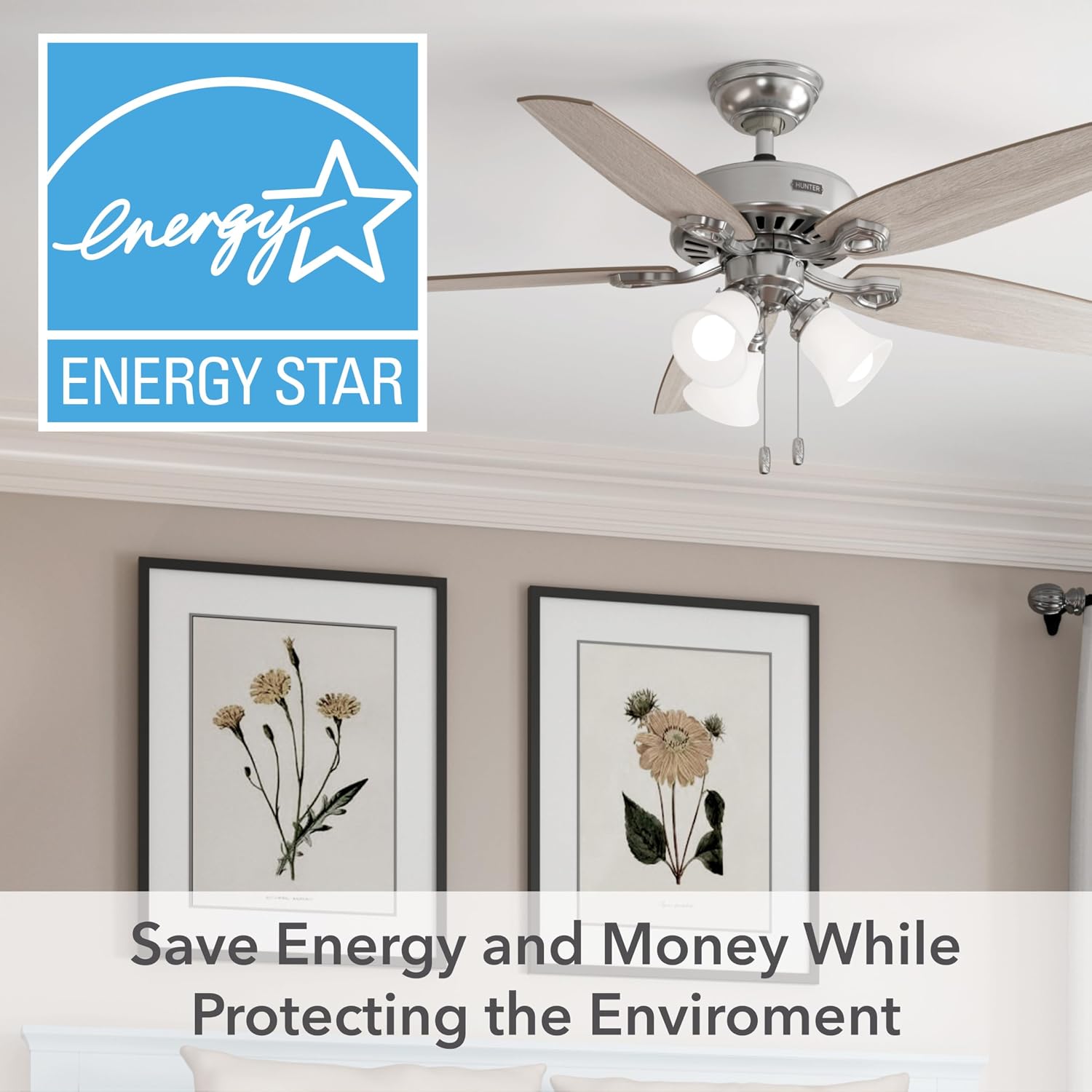 Hunter 52 inch Indoor Ceiling Fan with LED Lights - Ceiling Fan with Pull Chain, For Bedroom or Living Room, Standard Mount, No Remote, 5 Blades, Includes Bulbs - Builder 52729, Brushed Nickel