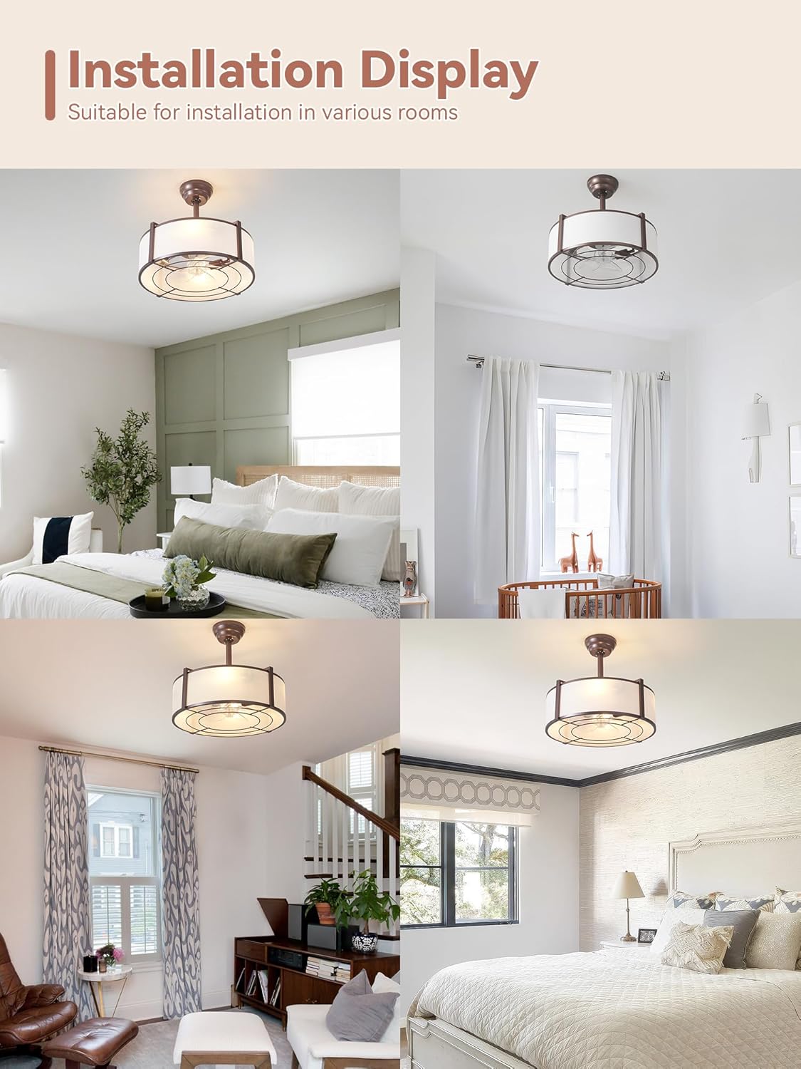 20' Brown Fandelier Ceiling Fans with Lights, Boho Rattan Ceiling Fan with Light Remote Control, Caged Mid-Century Modern with 6 Speeds for Bedroom, Nursery, Living Room