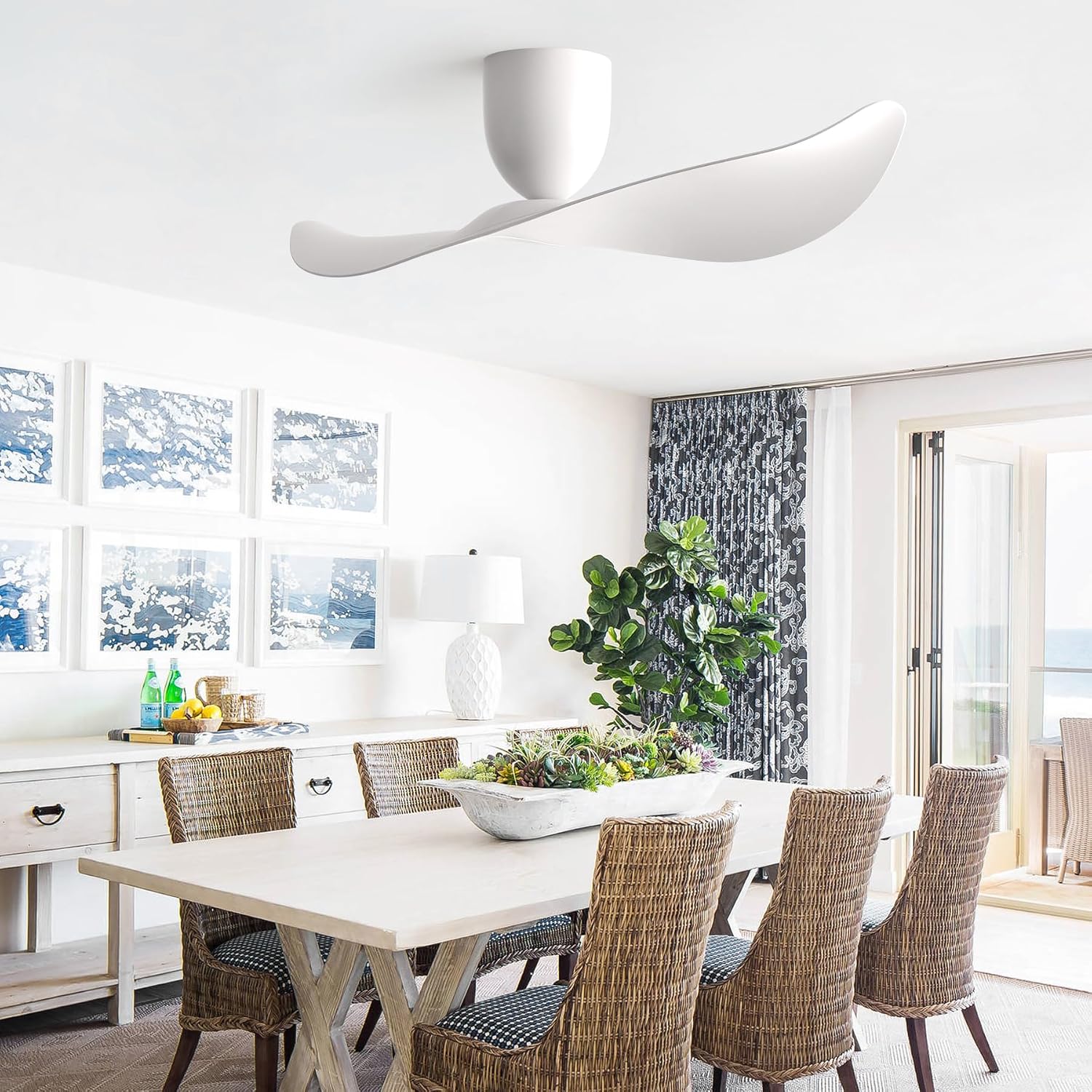 52' White 2 Blades Flush Mount Ceiling Fan with Remote, No Light | Modern Low-Profile, Heat Resistant ABS Blades, 6-Speed Reversible Quiet DC Motor for Balcony, Living Room, Bedroom