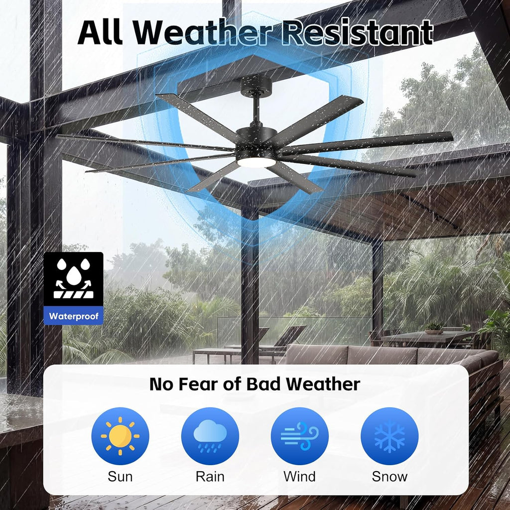 65 Inch Smart Outdoor Ceiling Fan with Light, Waterproof All Weather Wet Rated, Alexa/App/Remote Control, 8 Aluminum Blades, High CFM Quiet DC Motor, for Patio Porch Gazebo, Modern Black Industrial