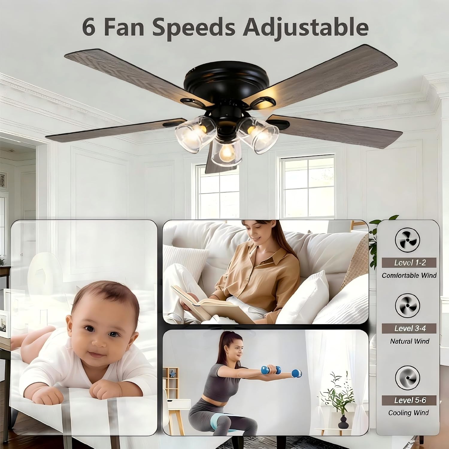 52 Inch Vintage Ceiling Fan with Lights and Remote, Flush Mount Farmhouse Ceiling Fan Rustic Fandelier 3-Lights Chandelier for Bedroom Living Room Dining Room, 5 Reversible Blades 6 Speeds