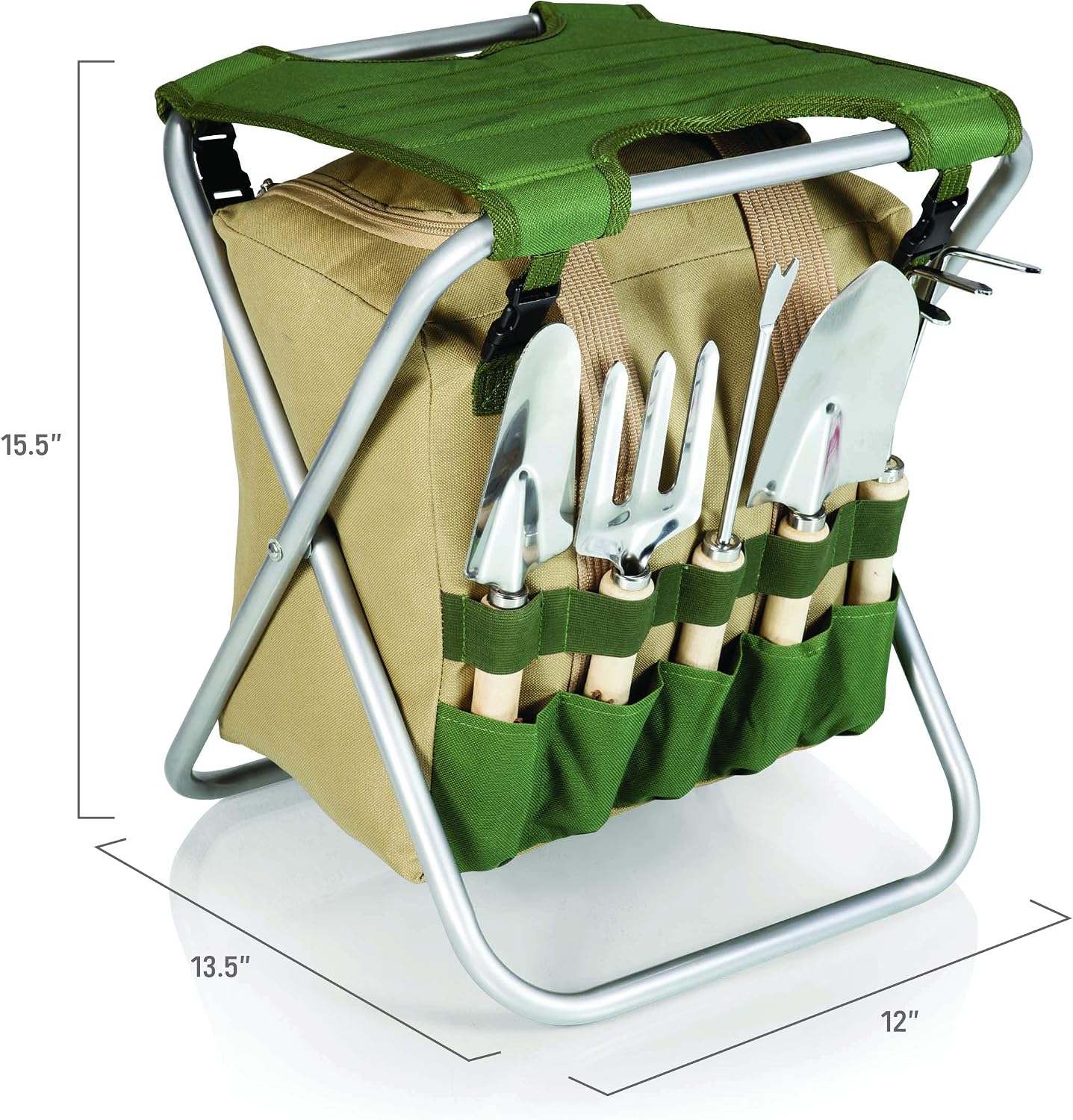Picnic TIME Star Wars The Mandalorian Grogu Gardener Folding Seat with Tools, 5 Piece Garden Tool Set with Folding Stool and Detachable Tote Organizer, (Olive Green with Beige Accents)