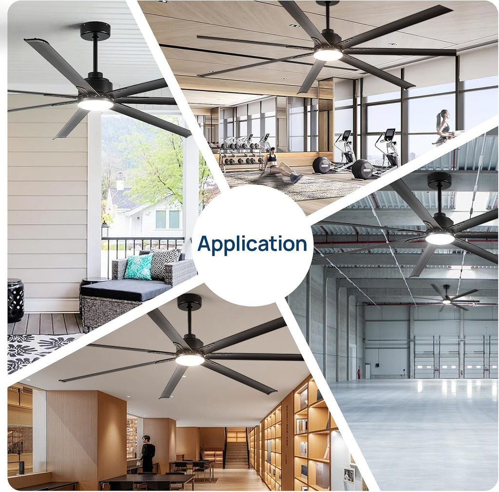 Minislak 96 Inch Industrial Ceiling Fans with Light,Black HVLS Ceiling Fan with 6 Speeds Reversible Motor,High CFM Indoor/Outdoor Ceiling Fan with 7 Aluminum Blades for Barn shop,Commercial