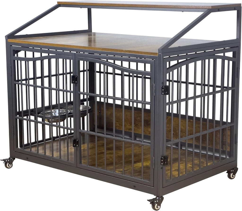 48 Inch Dog Crate Furniture, XXL Kennel Cage Rustic Wooden Pet House End Table Dog Home for Large Dogs with 2 Stainless Steel Bowls Indoor Use 48' L x 30' W x 40' H