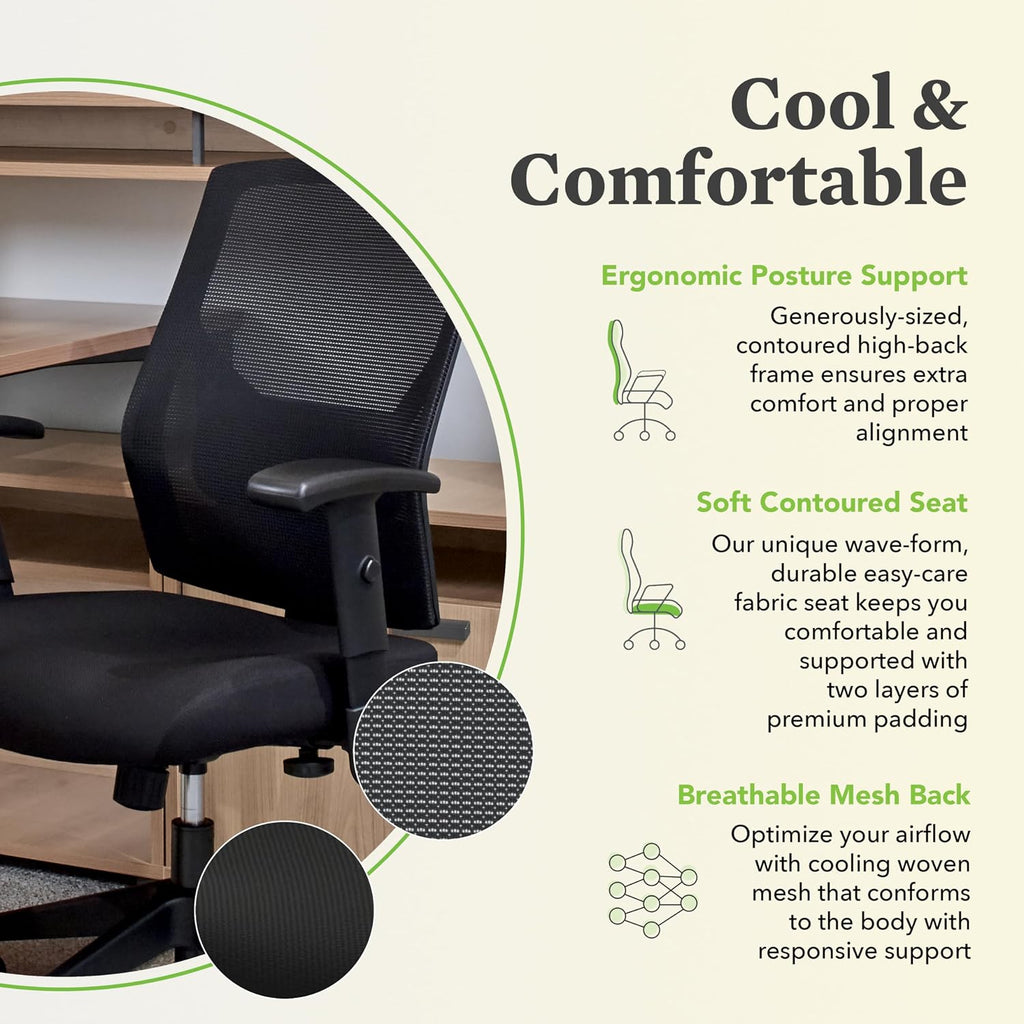 HON Crio Ergonomic Mesh Office Chair, High‑Back Desk Chair with Adjustable Arms, Lumbar Support, Center‑Tilt Swivel Seating for Computer Desks and Home Office, Black Frame, Black