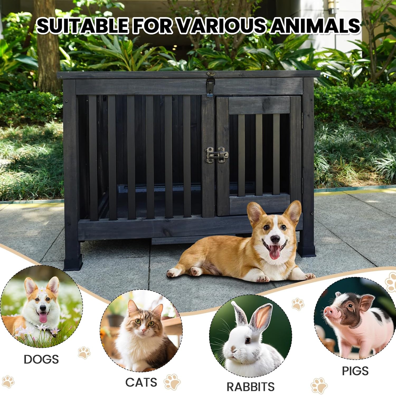 Agitree 28' Dog Crate Furniture, Fully Assembled Wooden Dog Kennel with Removable Tray, Decorative Pet Crate Dog Cage Indoor Furniture End Table, Portable Pet Cage for Small & Medium Dogs, Black