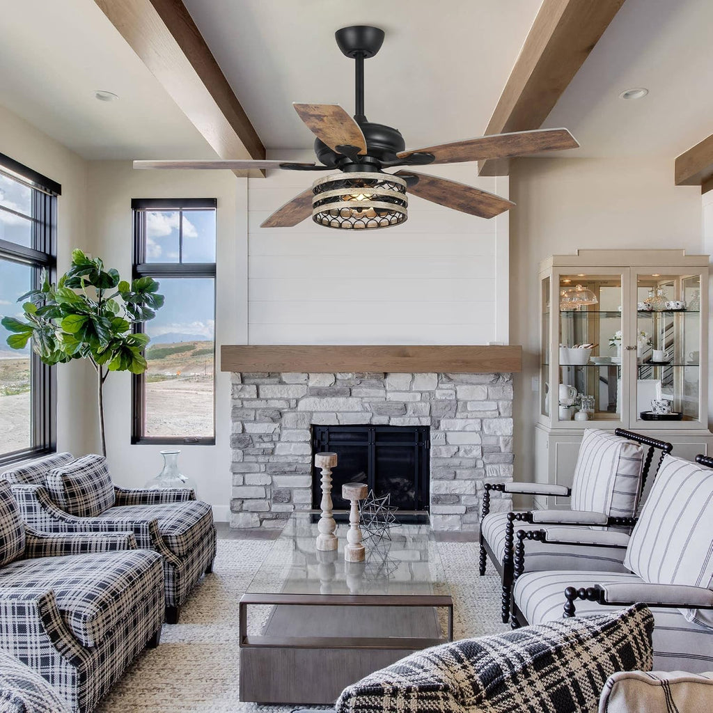 Parrot Uncle Ceiling Fans with Lights and Remote, 52 Inch Farmhouse Ceiling Fan with Light for Bedroom Living Room, Black Outdoor Ceiling Fans for Patios Covered, 3 Speeds, Reversible Airflow