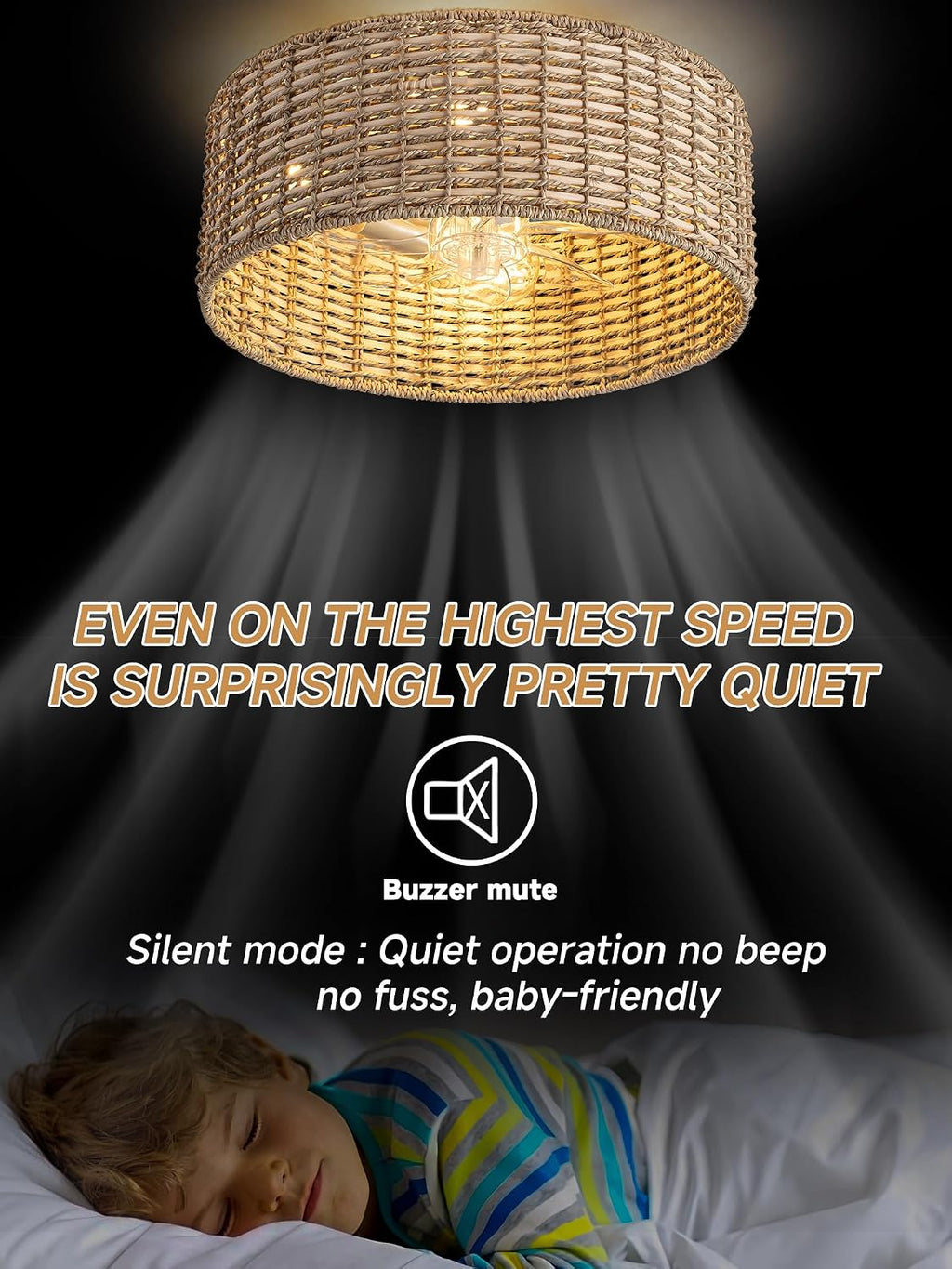 Handwoven Boho Rattan Ceiling Fan with Light,Flush Mount Caged Ceiling Fans with Lights and Remote Control,Low Profile Enclosed 6 Speeds Fandelier for Bedroom Living Dining Room,4-Light