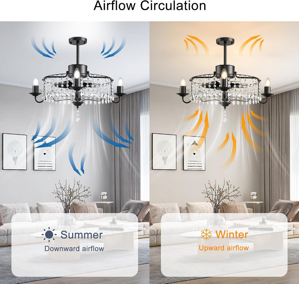 Garwarm 20in Ceiling Fans with Lights,Black Crystal Fandelier Bladeless Industrial Ceiling Fan with Remote,Flush Mount Ceiling Fan Lights for Bedroom Kitchen