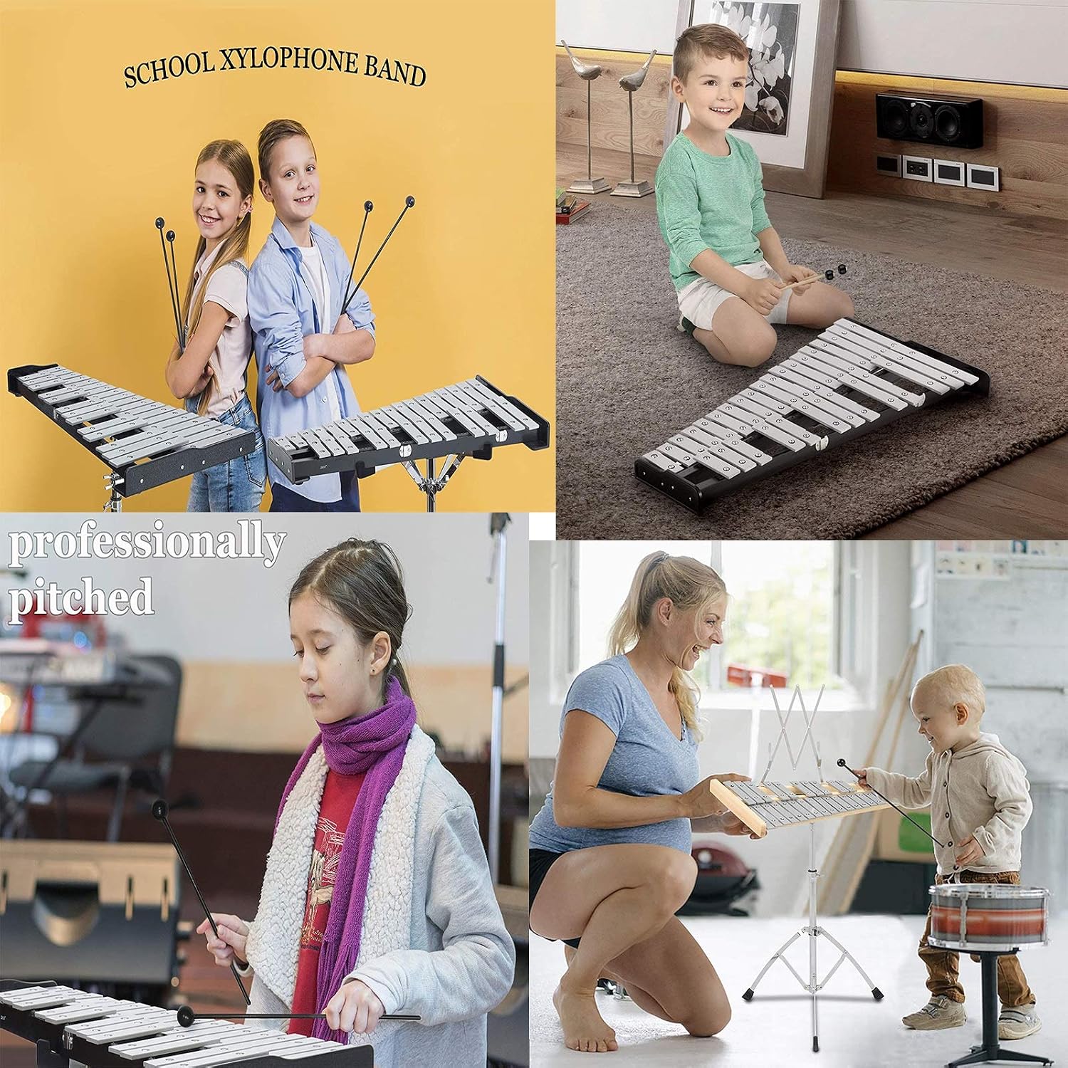 32 Notes Percussion Glockenspiel Bell Kit Xylophone Instrument Set with 8' Practice Pad, Adjustable Stand, Mallets, Drum Sticks and Carrying Bag